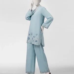 sky blue embroidered linen co-ord set