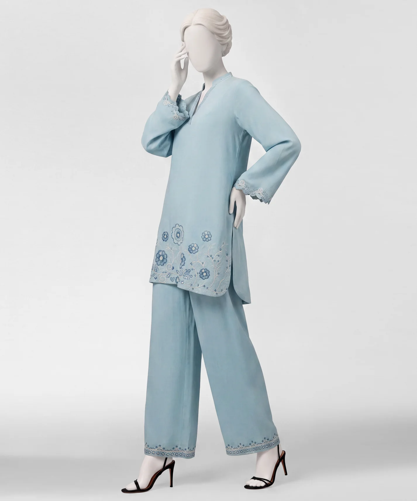 sky blue embroidered linen co-ord set
