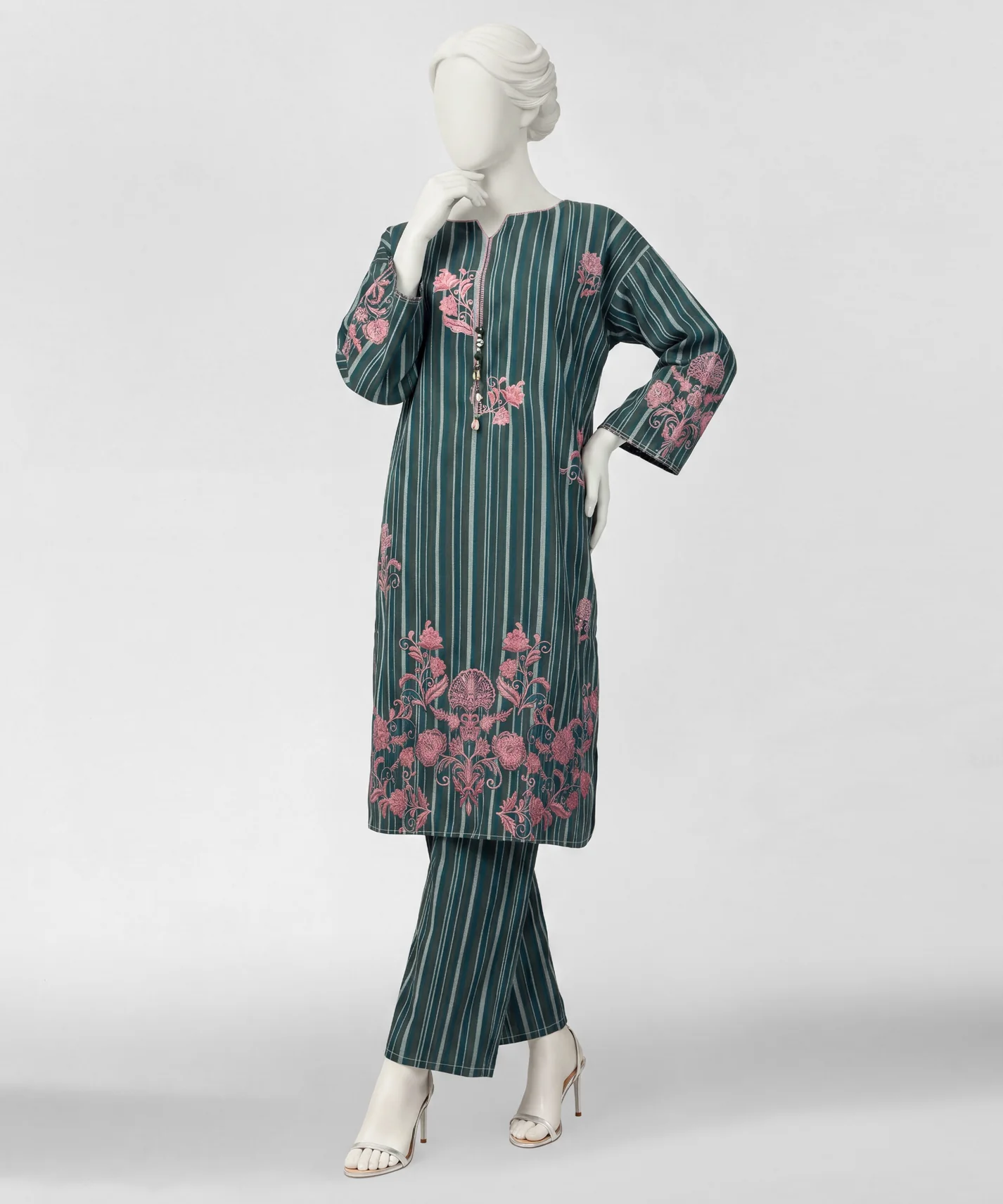 green embroidered jacquard co-ord set