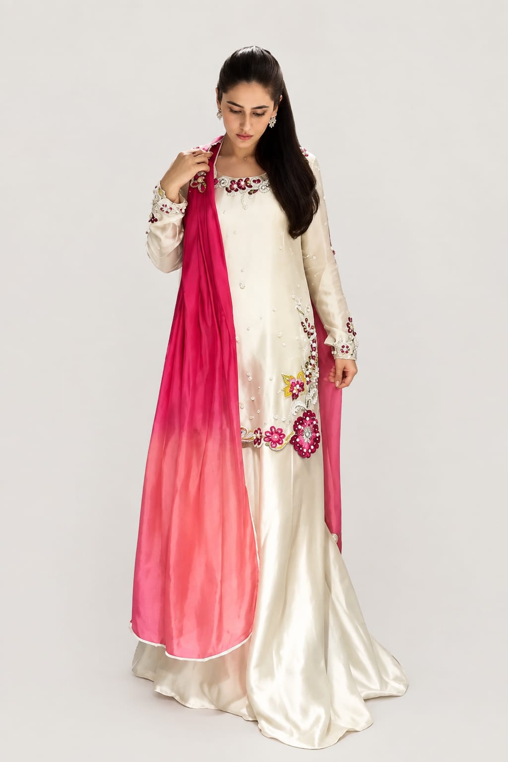 Sheesha Silk Embroidered Three-Piece Suit With Two-Tone Pearl Dupatta