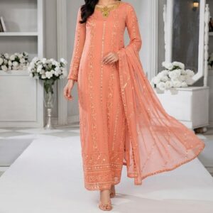 Crayola Peach – 7MM Sequin Embroidered Chiffon Suit