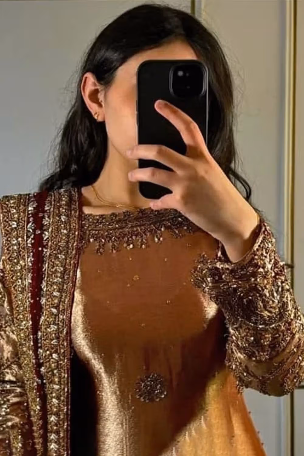 Light Brown Silk Velvet Embroidered Straight Cut Eid Trouser Suit - Image 2