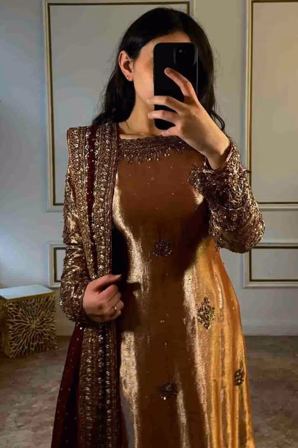 Light Brown Silk Velvet Embroidered Straight Cut Eid Trouser Suit - Image 3