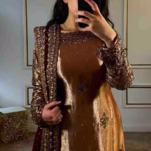 Light Brown Silk Velvet Embroidered Straight Cut Eid Trouser Suit