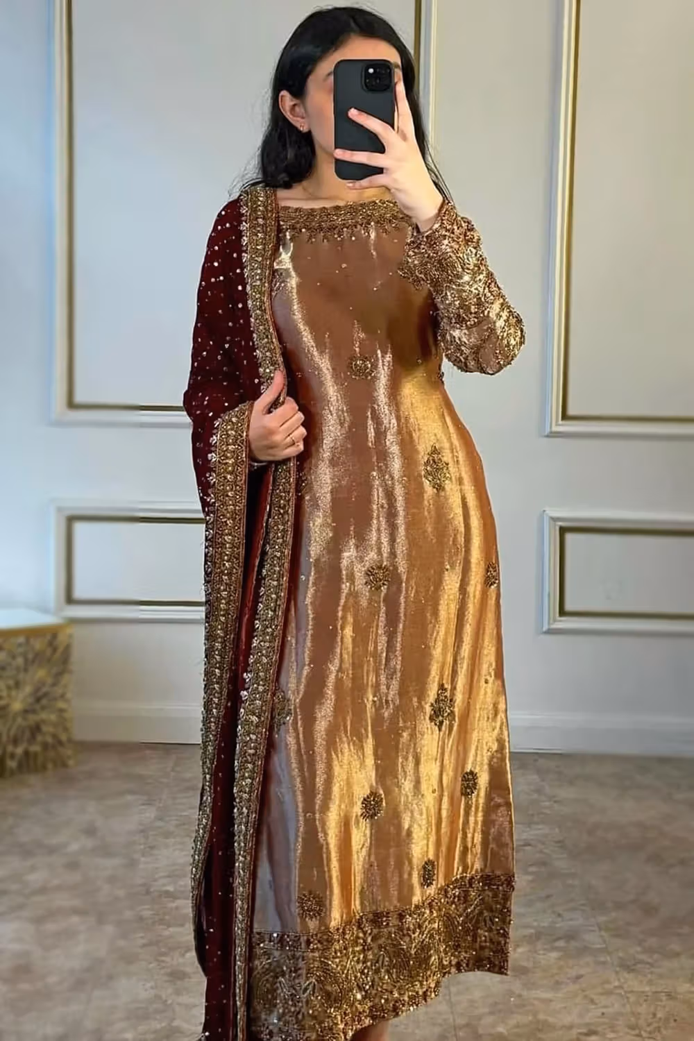 Light Brown Silk Velvet Embroidered Straight Cut Eid Trouser Suit - Image 4
